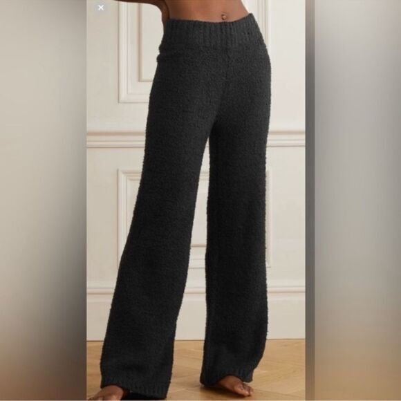 SKIMS Cozy Knit Fuzzy Teddy Sherpa Pants in Black Wide Leg Stretch Lounge - Picture 1 of 8